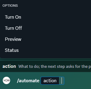 The /automate command in Discord with its four actions: Turn On, Turn Off, Preview and Status