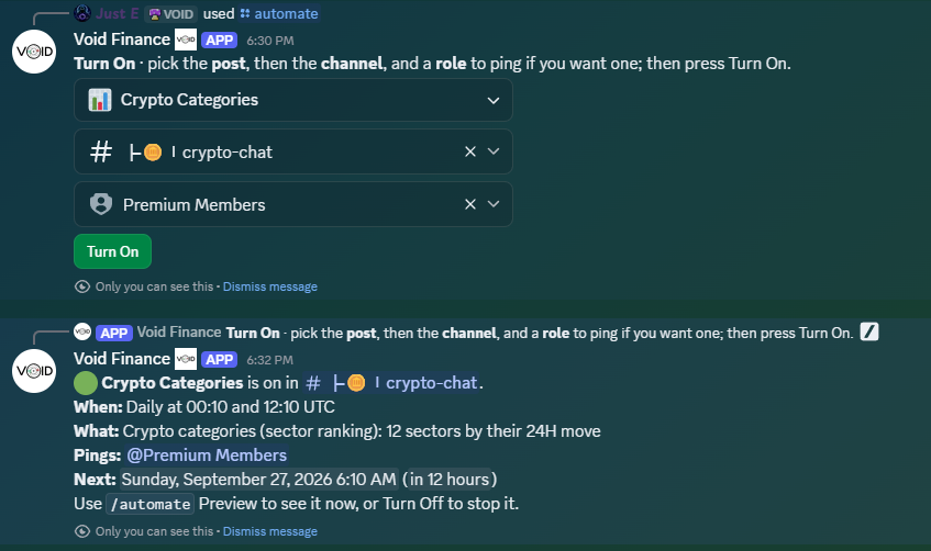 The bot's reply: Crypto Categories is on in #crypto-chat, daily at 00:10 and 12:10 UTC, pinging Premium Members